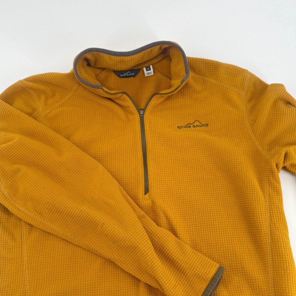 Eddie Bauer Mens Medium Mustard Yellow Grid Fleece Quarter Zip Pullover‎ Sweater